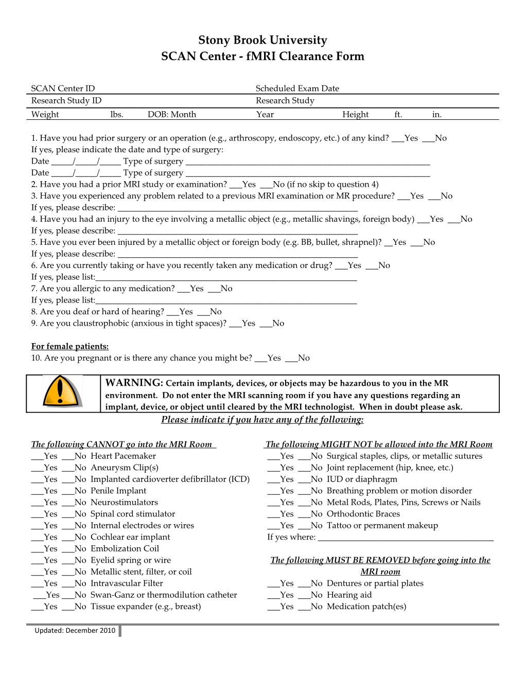 SCAN Center - Fmri Clearance Form