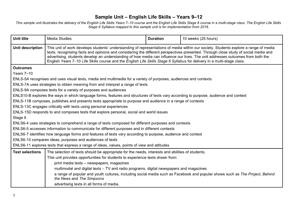 Sample Unit English Life Skills Years 9 12