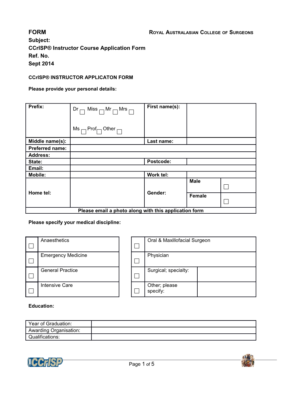 Ccrisp Instructor Course Application Form