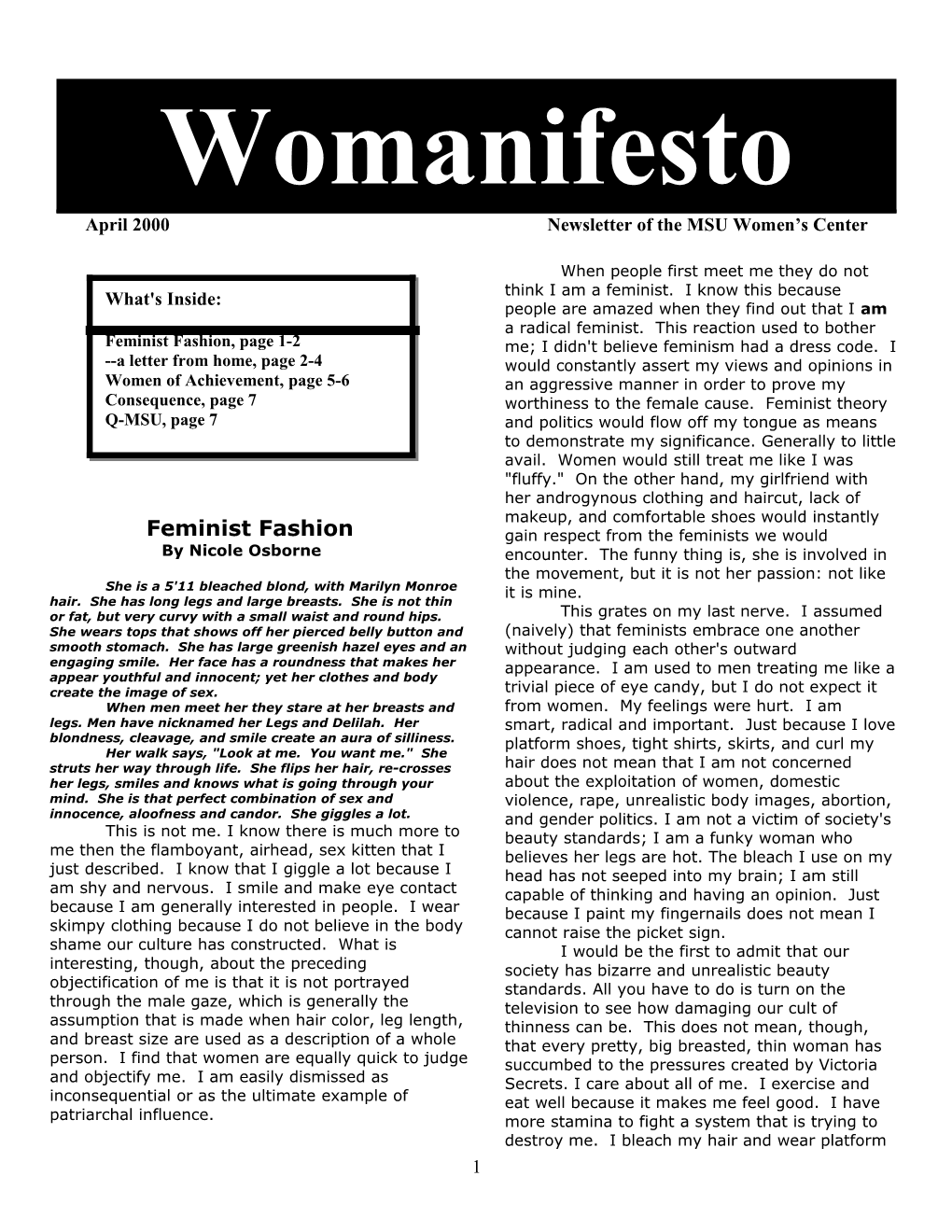 April 2000 Newsletter of the MSU Women S Center