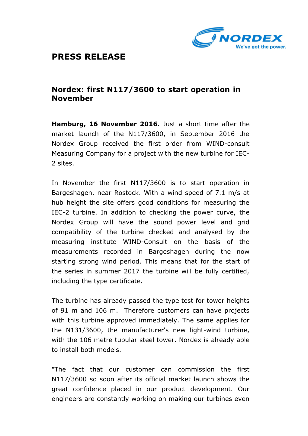 Nordex: First N117/3600 to Start Operation in November