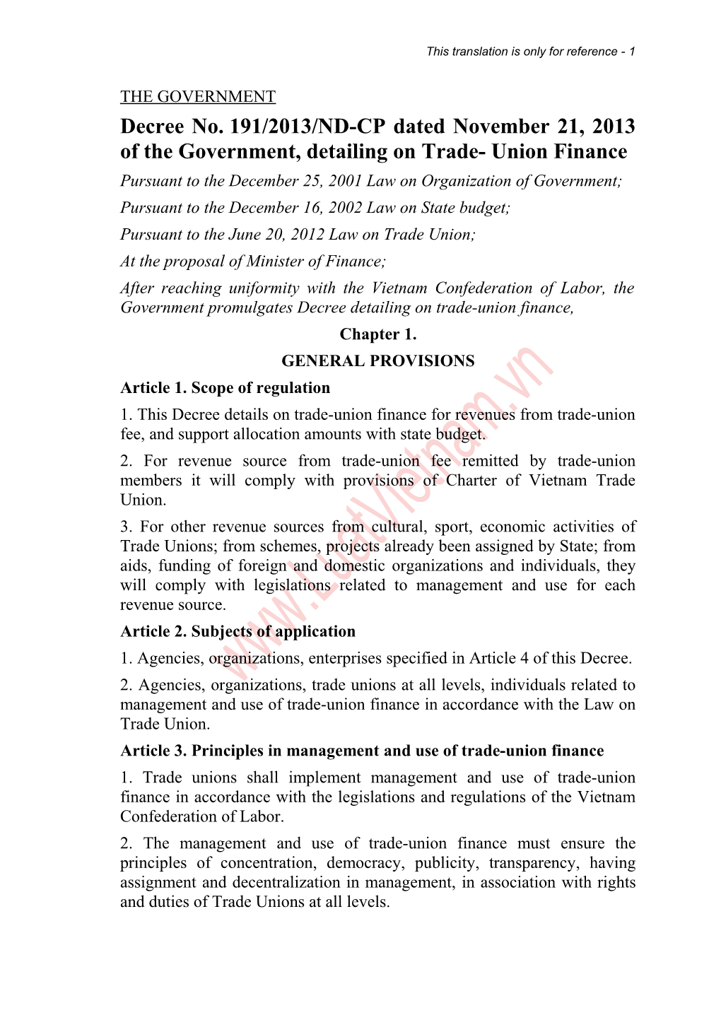 Decree No.191/2013/ND-CP Dated November 21, 2013 of the Government, Detailing on Trade