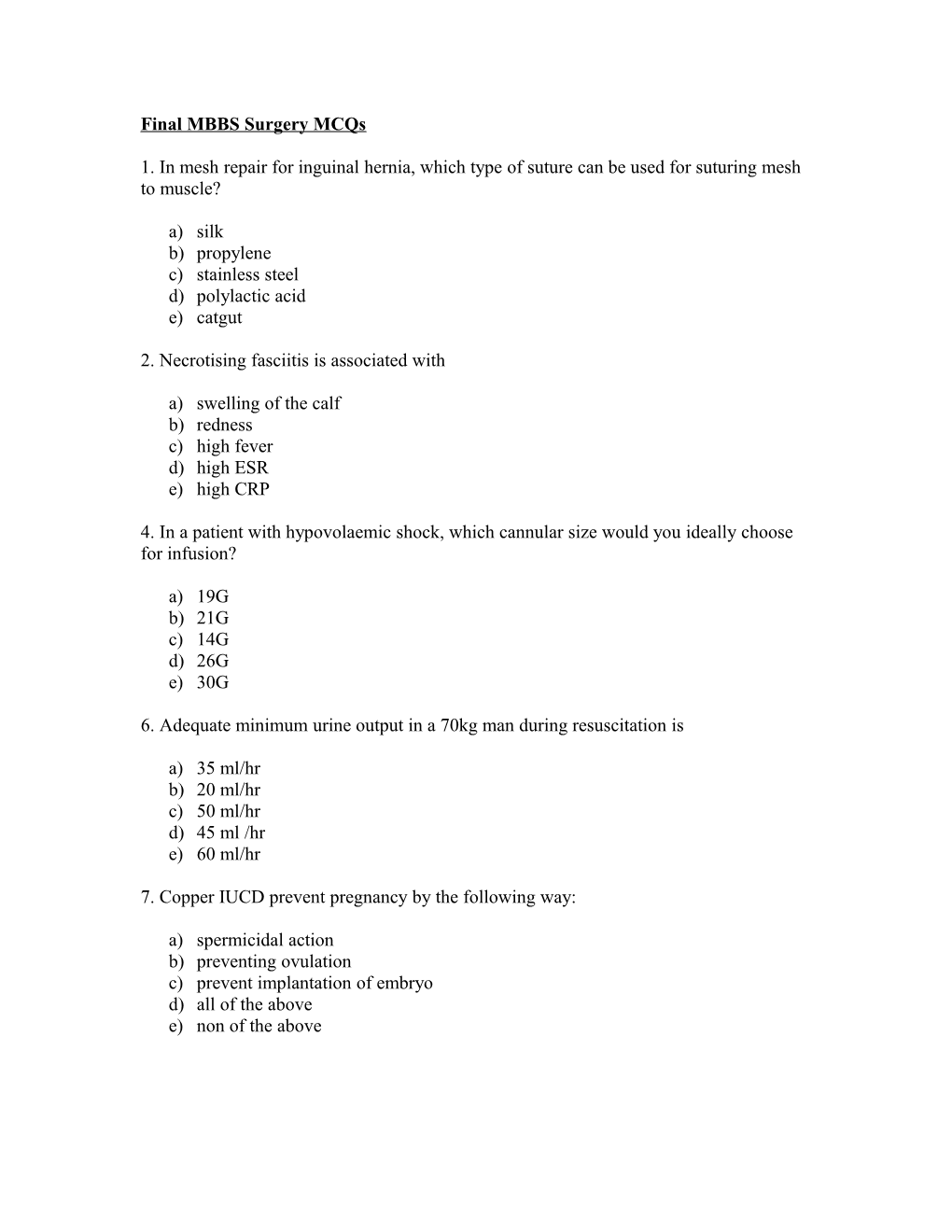 Final MBBS Surgery Mcqs