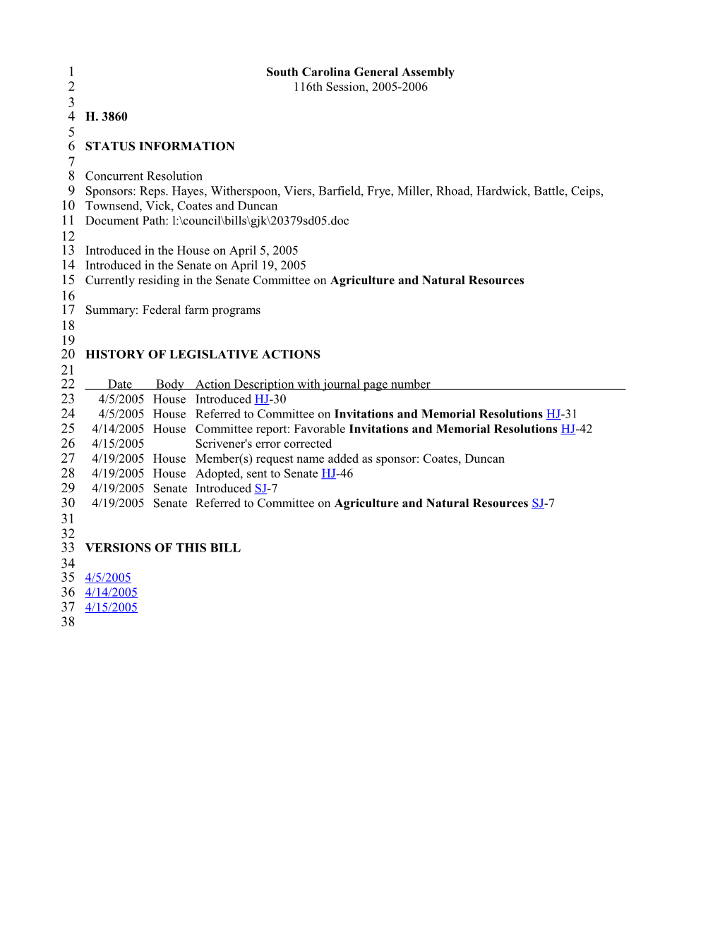 2005-2006 Bill 3860: Federal Farm Programs - South Carolina Legislature Online