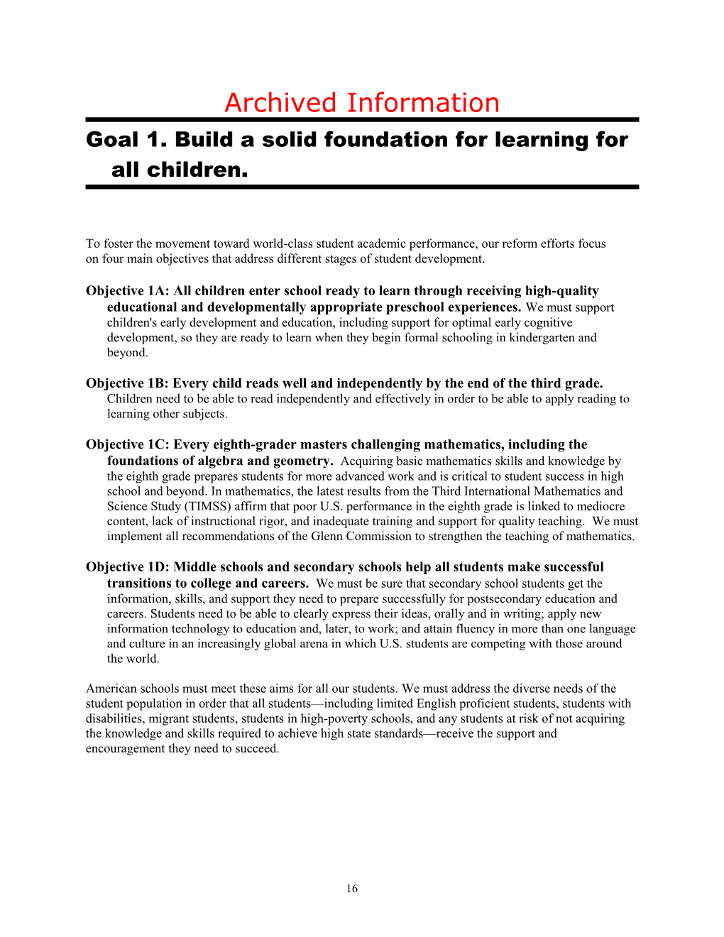 Archived - Goal 1. Build a Solid Foundation Got Learning for All Children