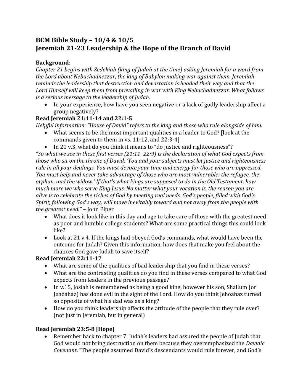 Jeremiah 21-23Leadership & the Hope of the Branch of David