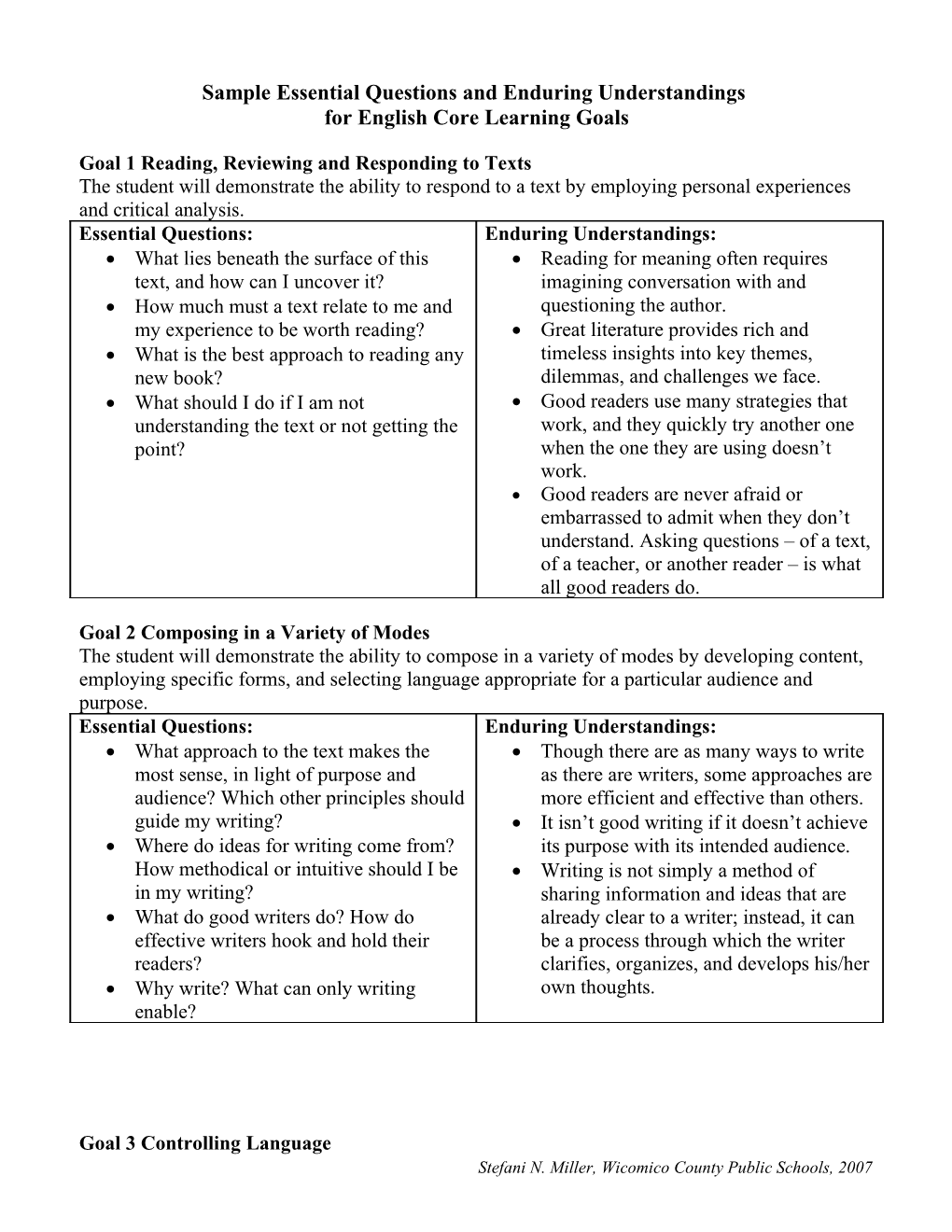 Sample Essential Questions and Enduring Understandings