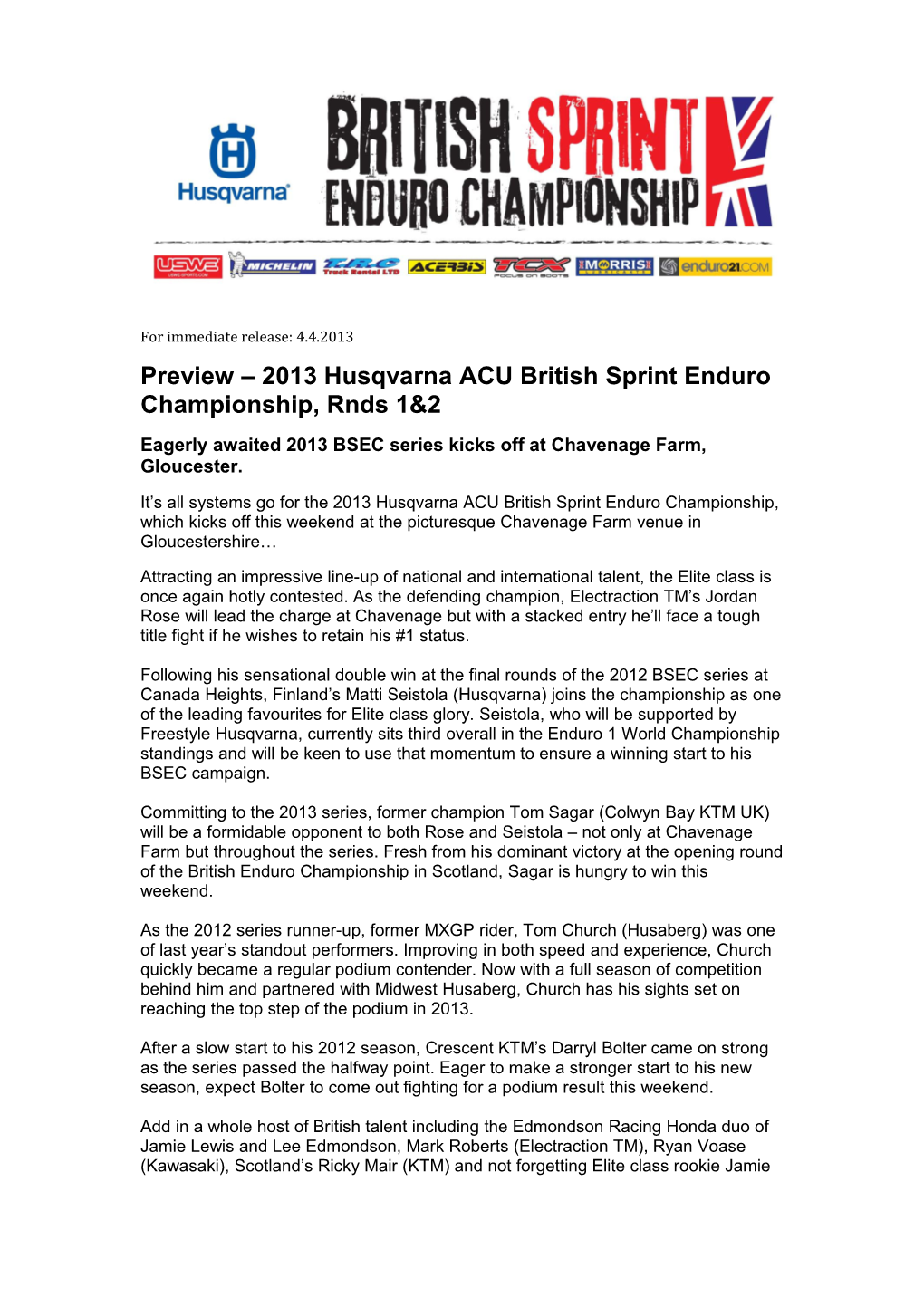 Preview 2013 Husqvarna ACU British Sprint Enduro Championship, Rnds 1&2