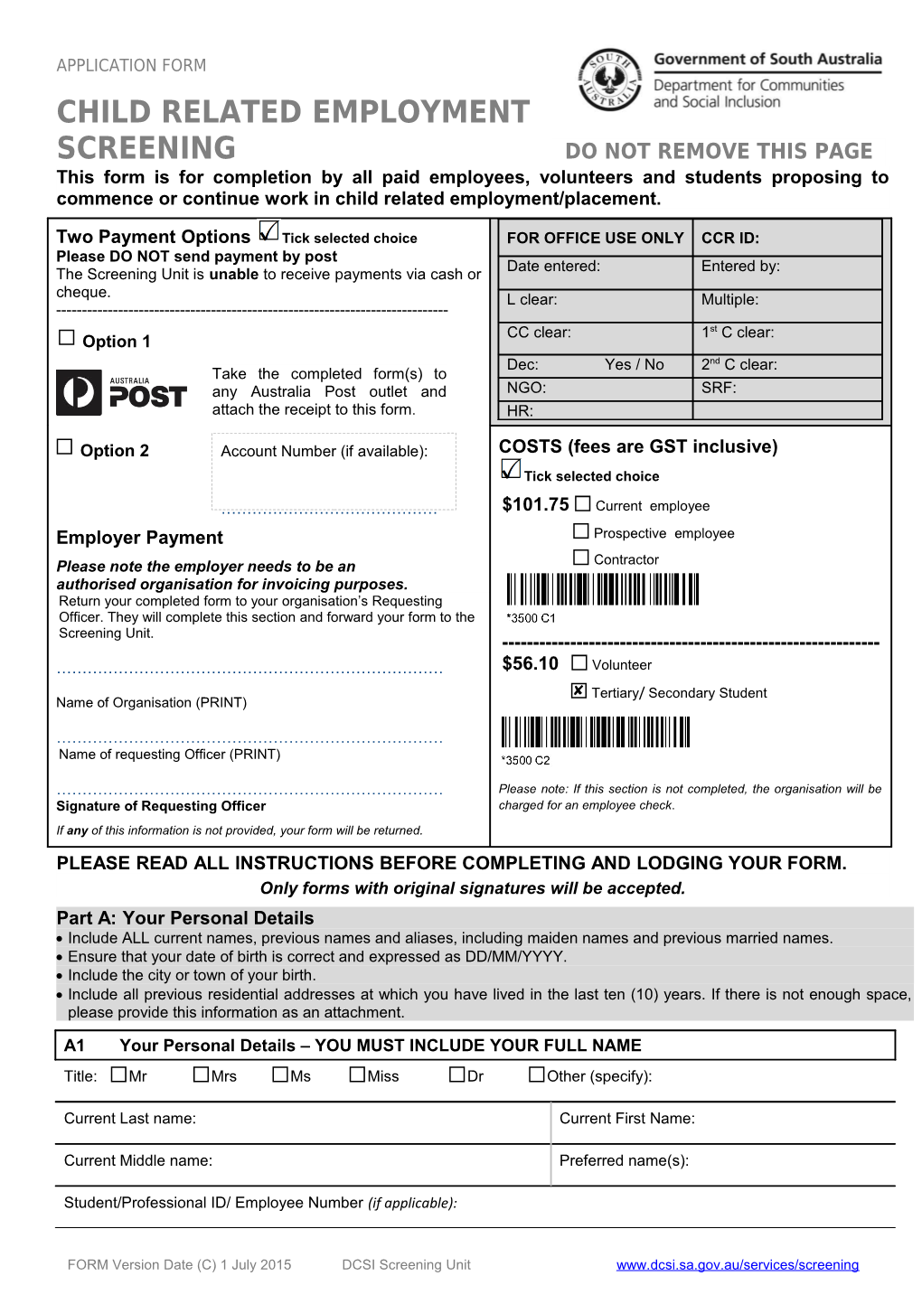 Child Related Employment Screeningapplication Form