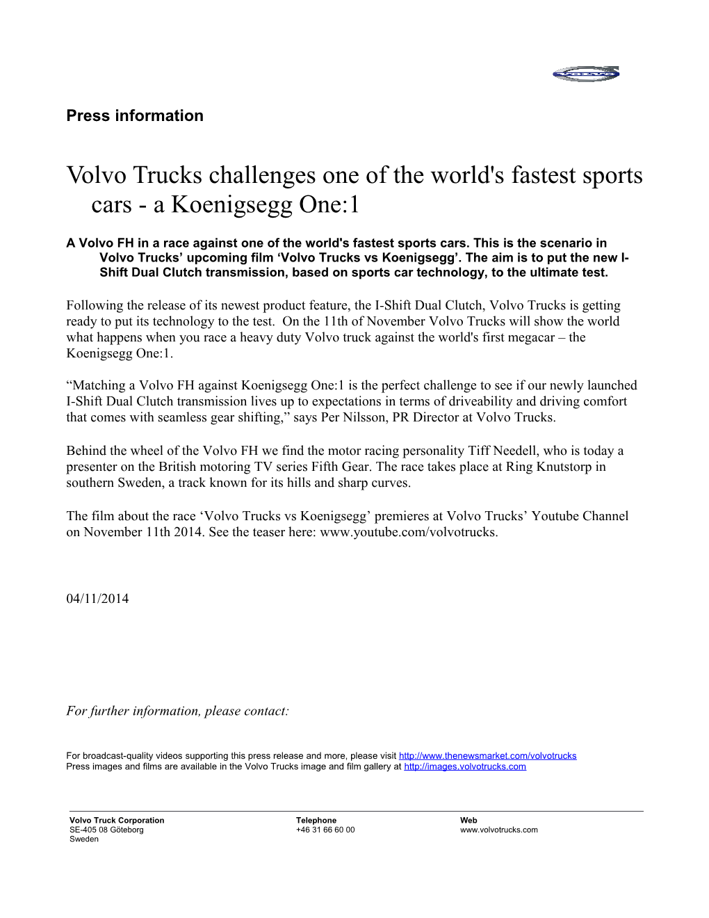 Volvo Trucks Challenges One of the World's Fastest Sports Cars - a Koenigsegg One:1