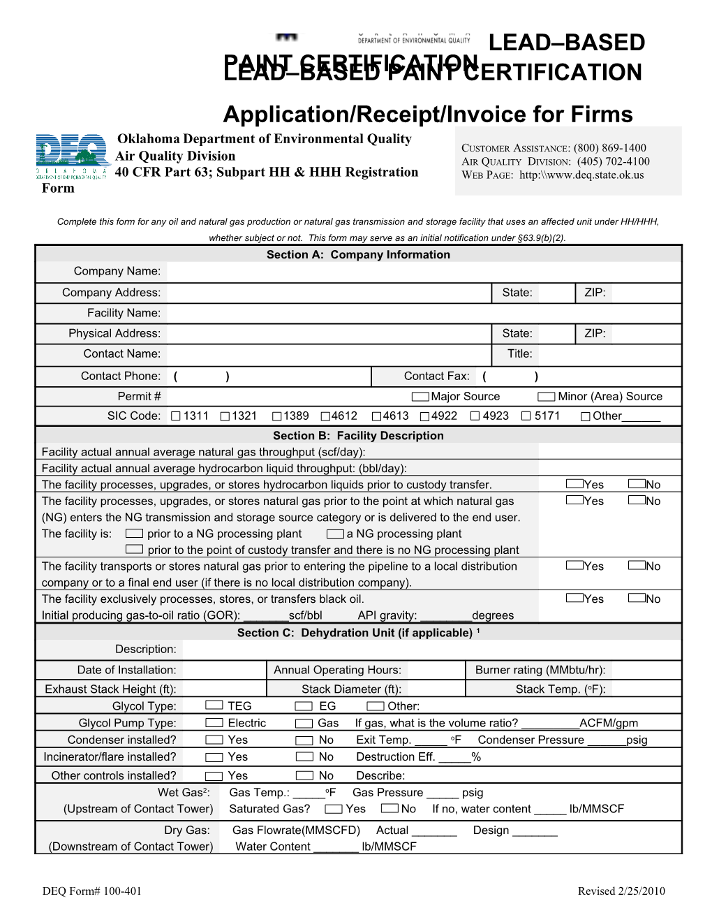 40CFR Part 63; Subpart HH &HHH Registration Form