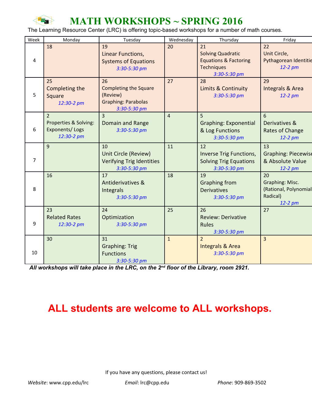 Description: MATH WORKSHOPS SPRING 2016