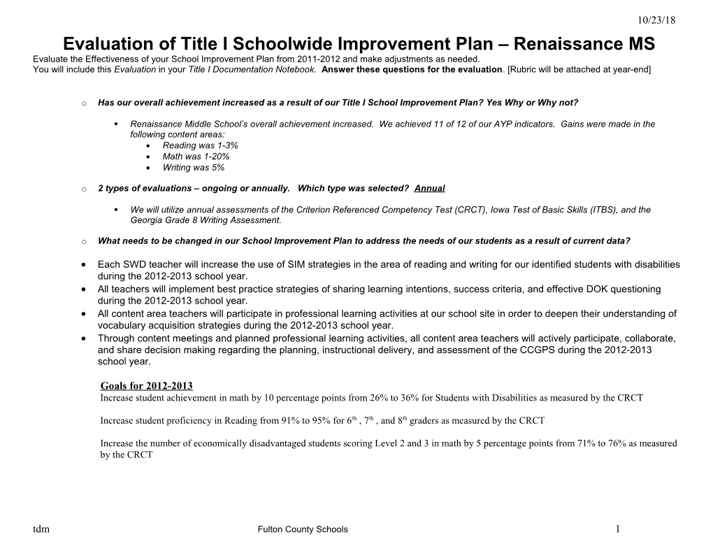 Evaluation of Title I Schoolwide Improvement Plan Renaissance MS