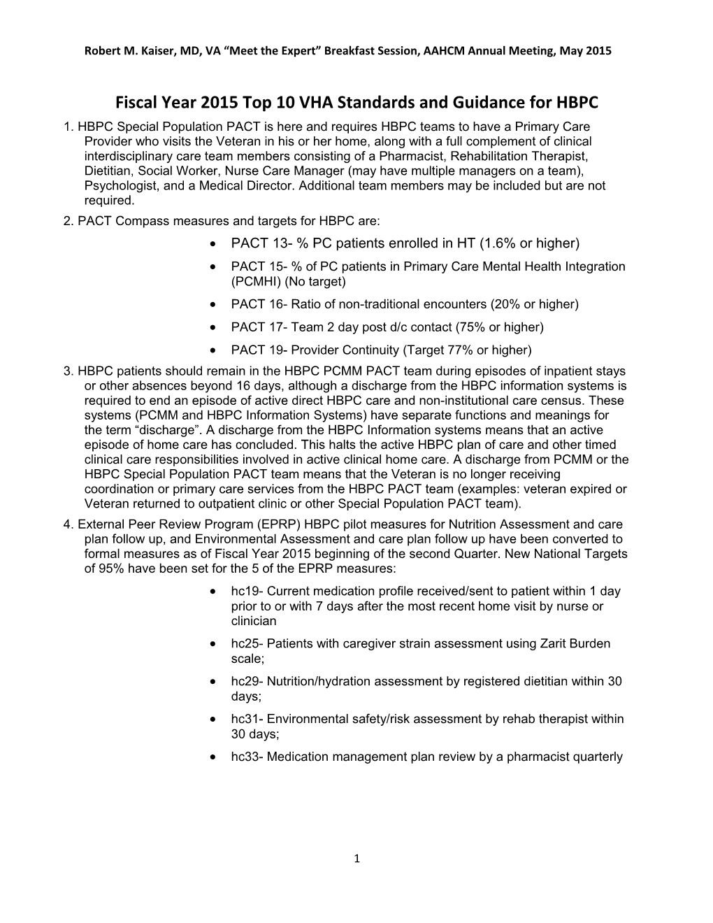 Fiscal Year 2015 Top 10 VHA Standards and Guidance for HBPC