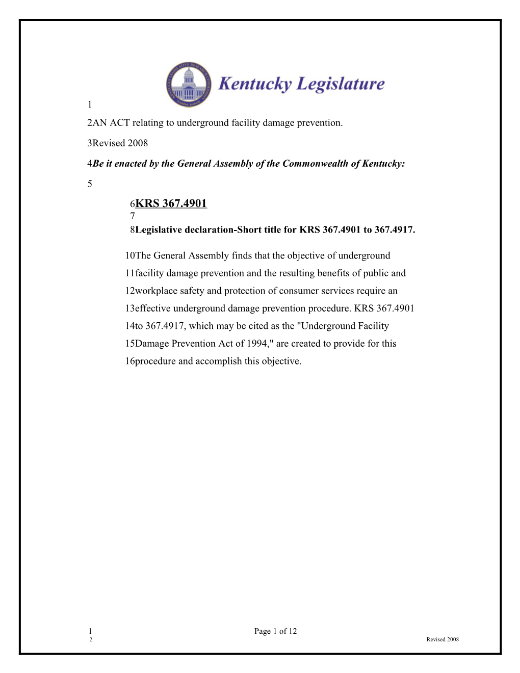 AN ACT Relating to Underground Facility Damage Prevention