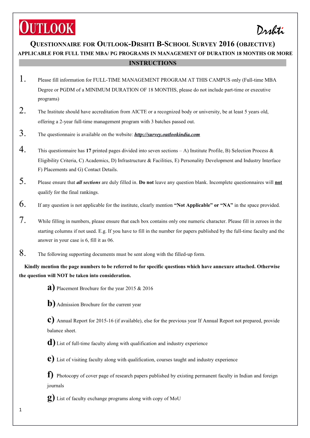 Questionnaire for Outlook- B-School Survey 2013 (Objective)