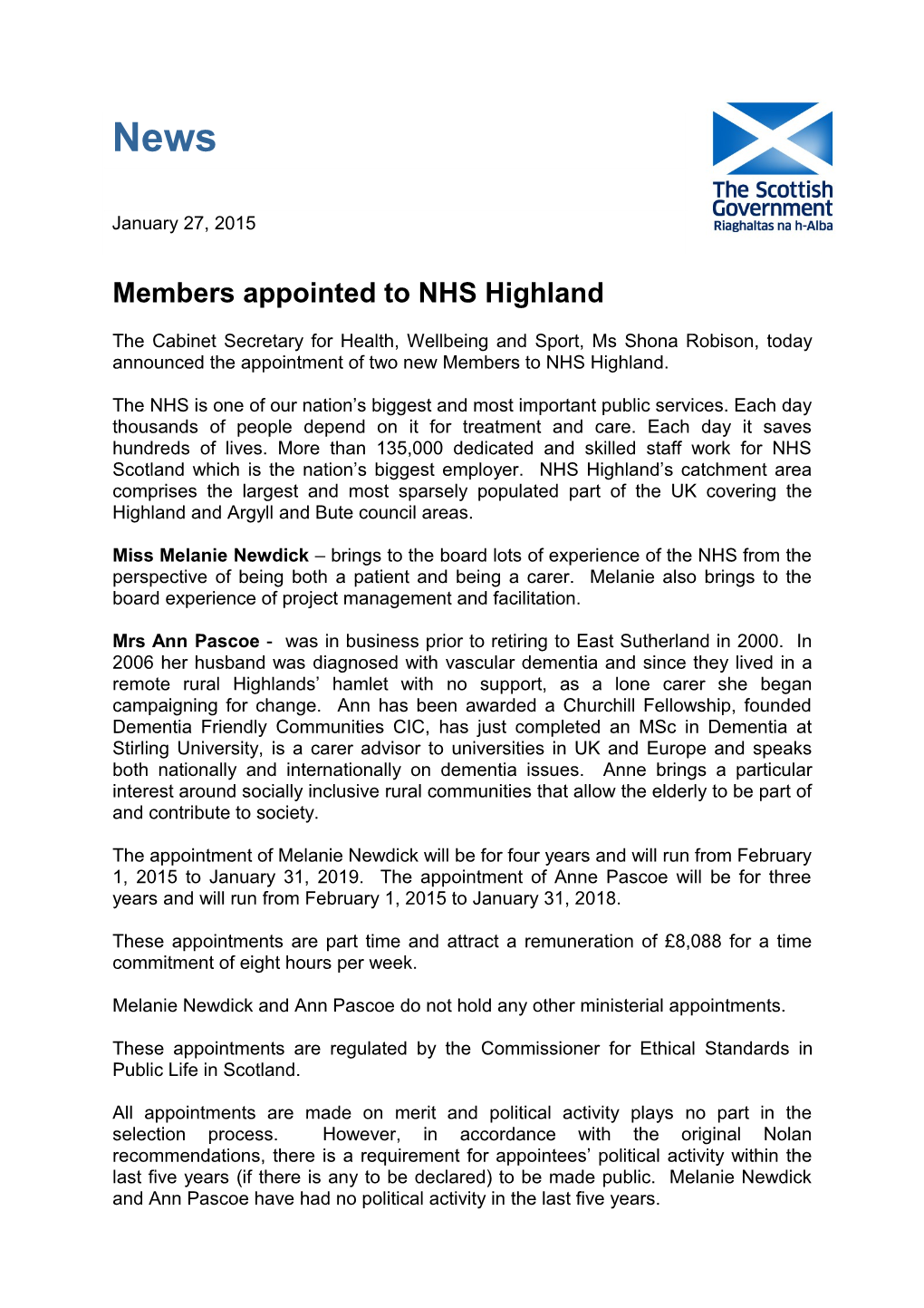 Members Appointed to NHS Highland