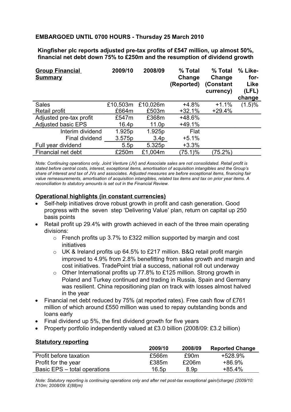 Preliminary Results for the Year Ended 31 January 2010