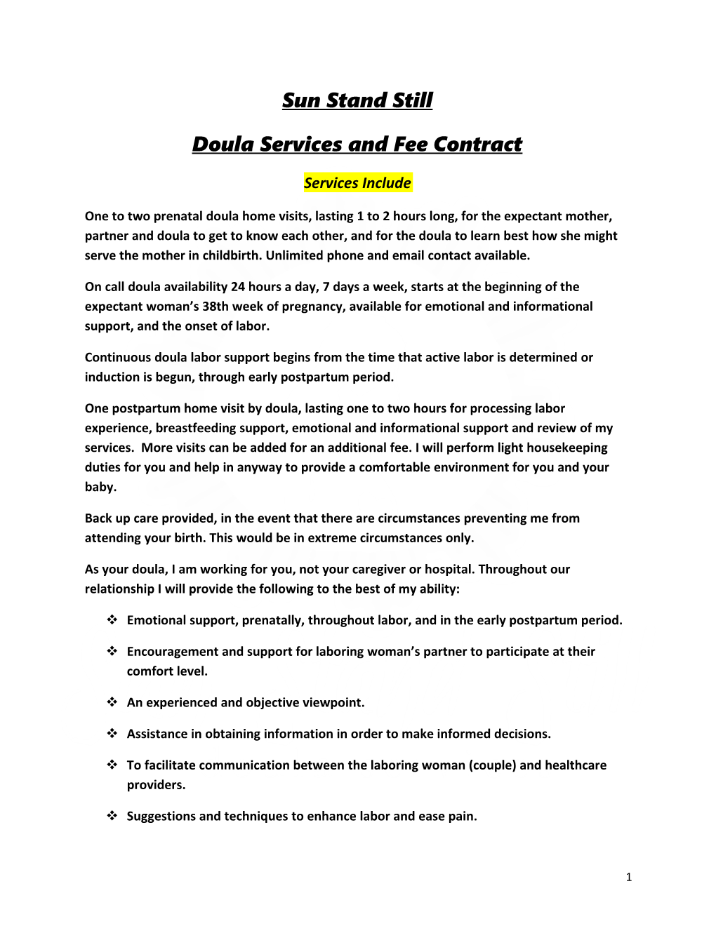 Doula Services and Fee Contract