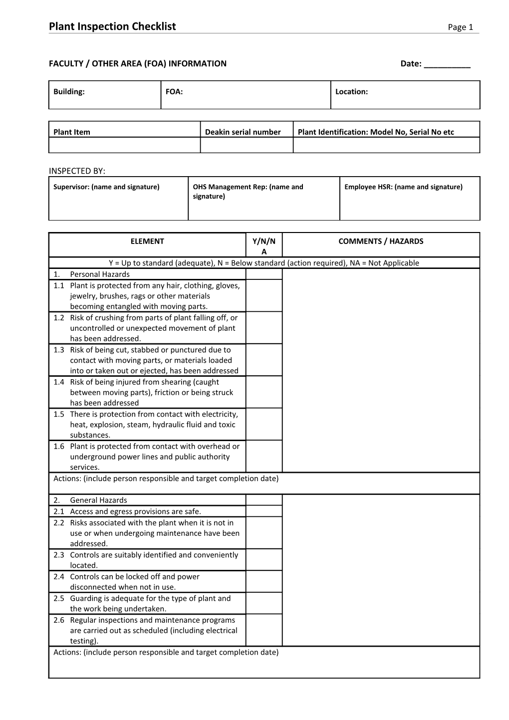 FACULTY / OTHER AREA (FOA) INFORMATION Date: ______