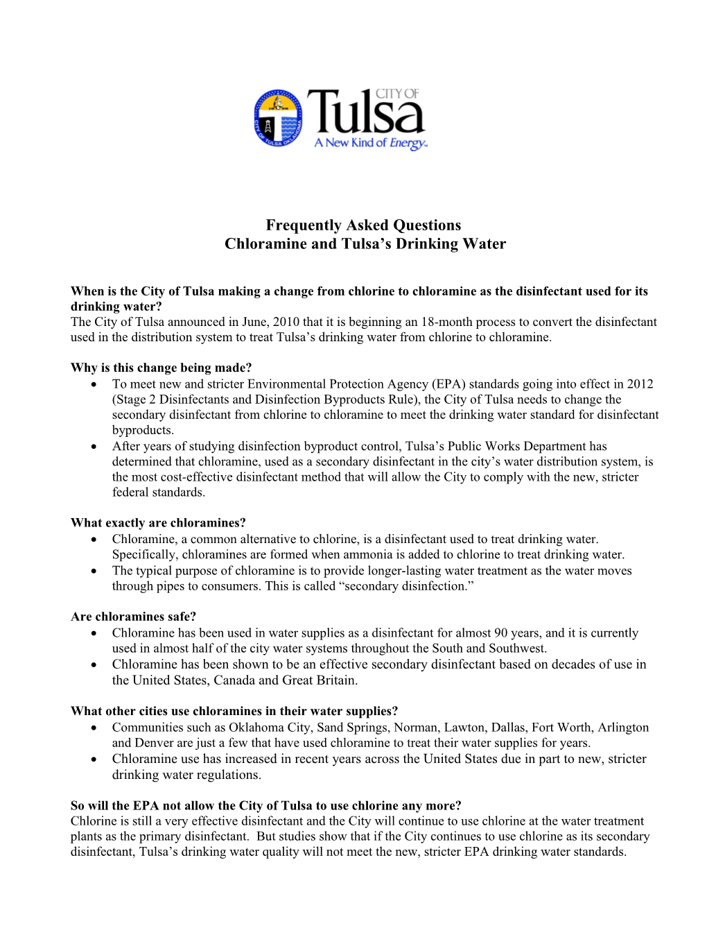 Chloramine and Tulsa S Drinking Water