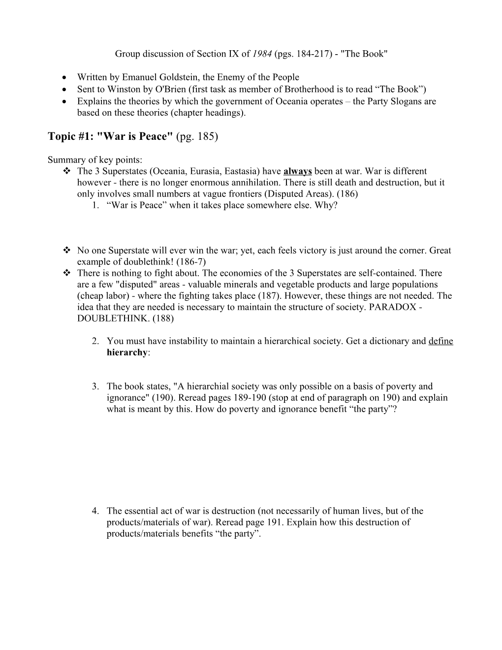 Group Discussion of Section IX of 1984 (Page 184) the Book