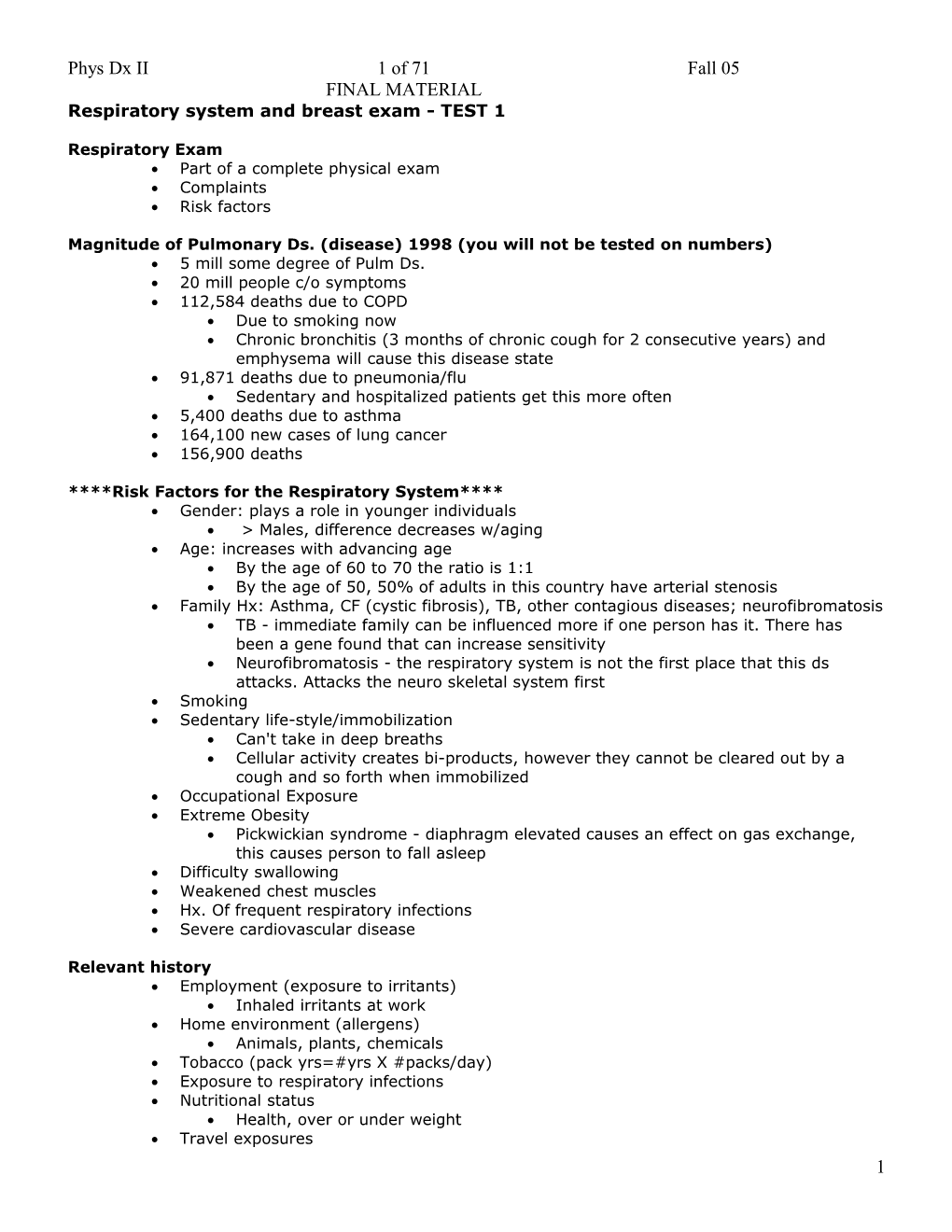 Respiratory System and Breast Exam - TEST 1