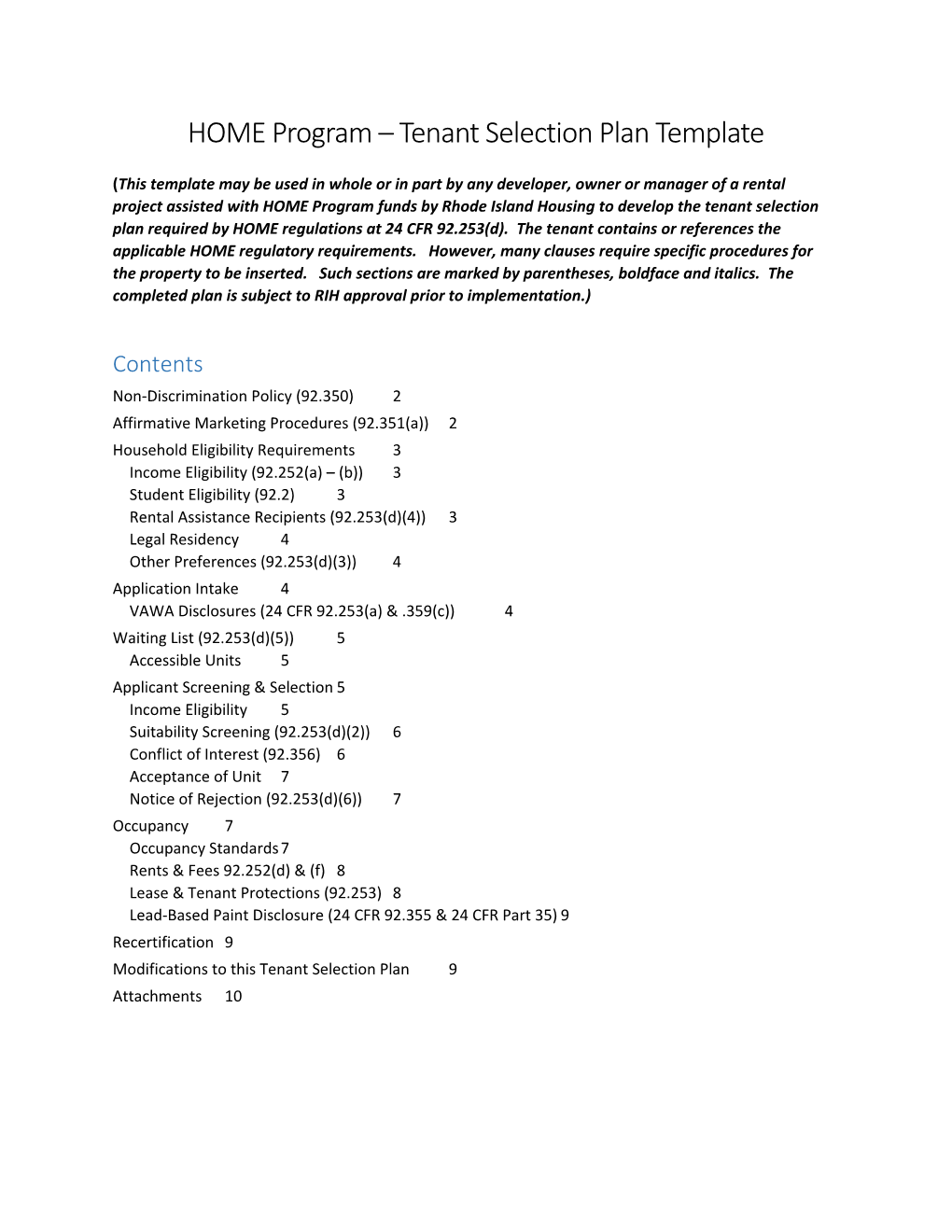 HOME Program Tenant Selection Plan Template