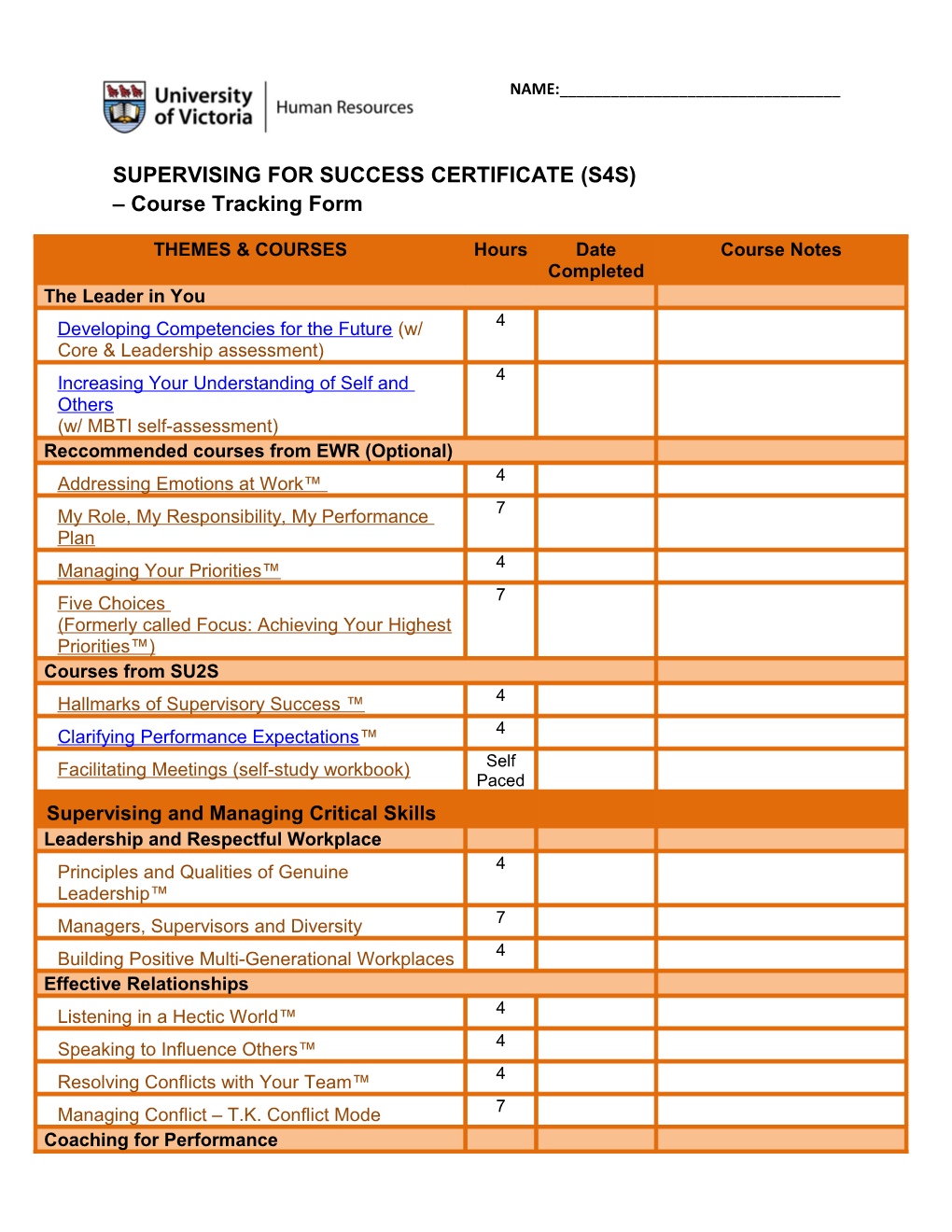 SUPERVISING for SUCCESS CERTIFICATE (S4S) Course Tracking Form
