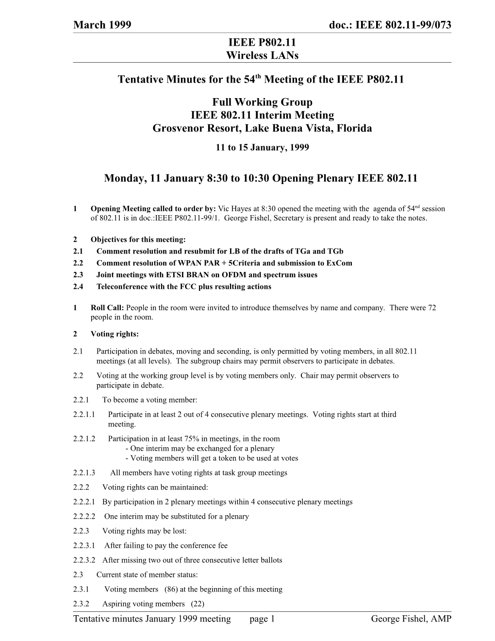 Tentative Minutes for the 54Th Meeting of the IEEE P802.11