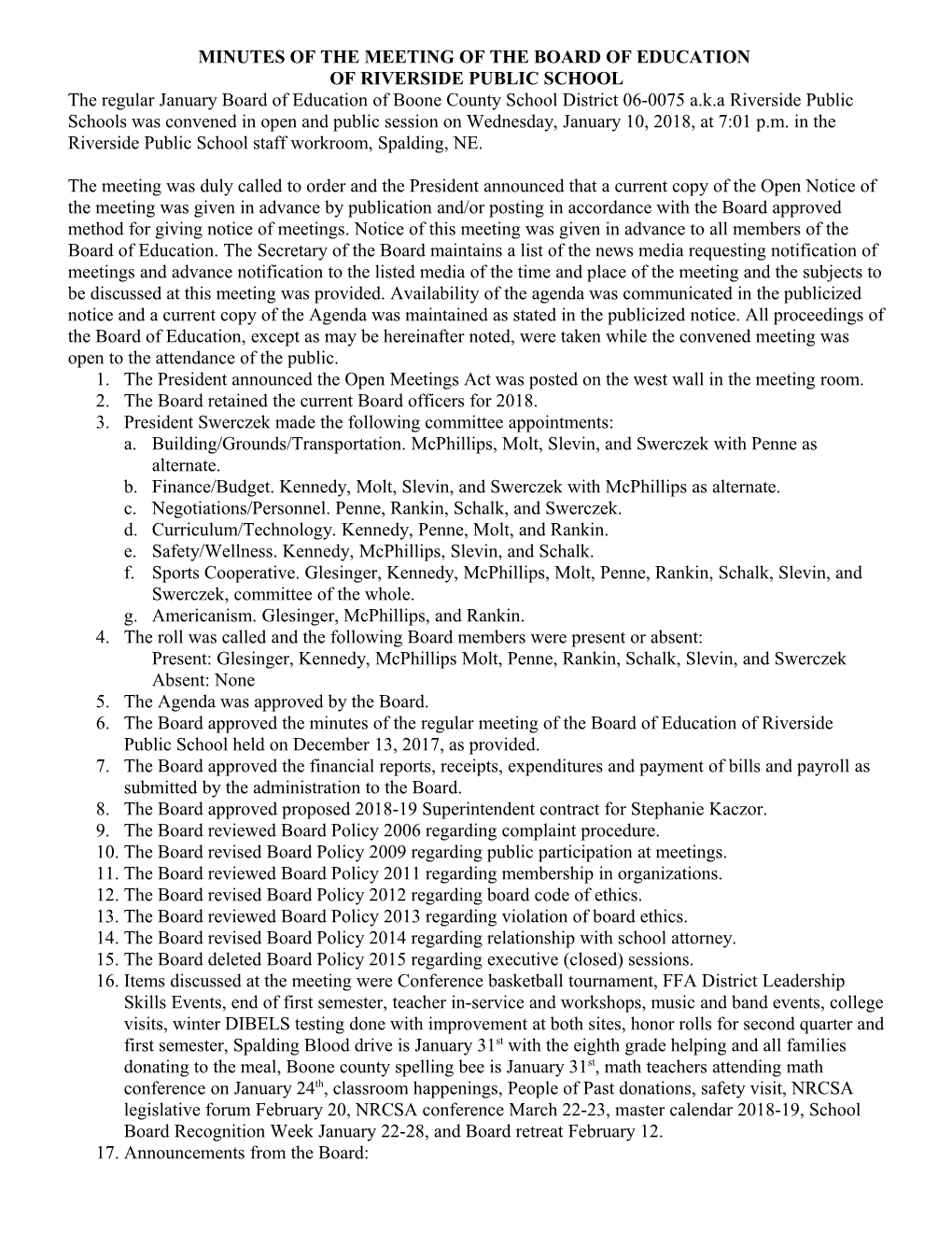 Minutes of the Meeting of the Board of Education