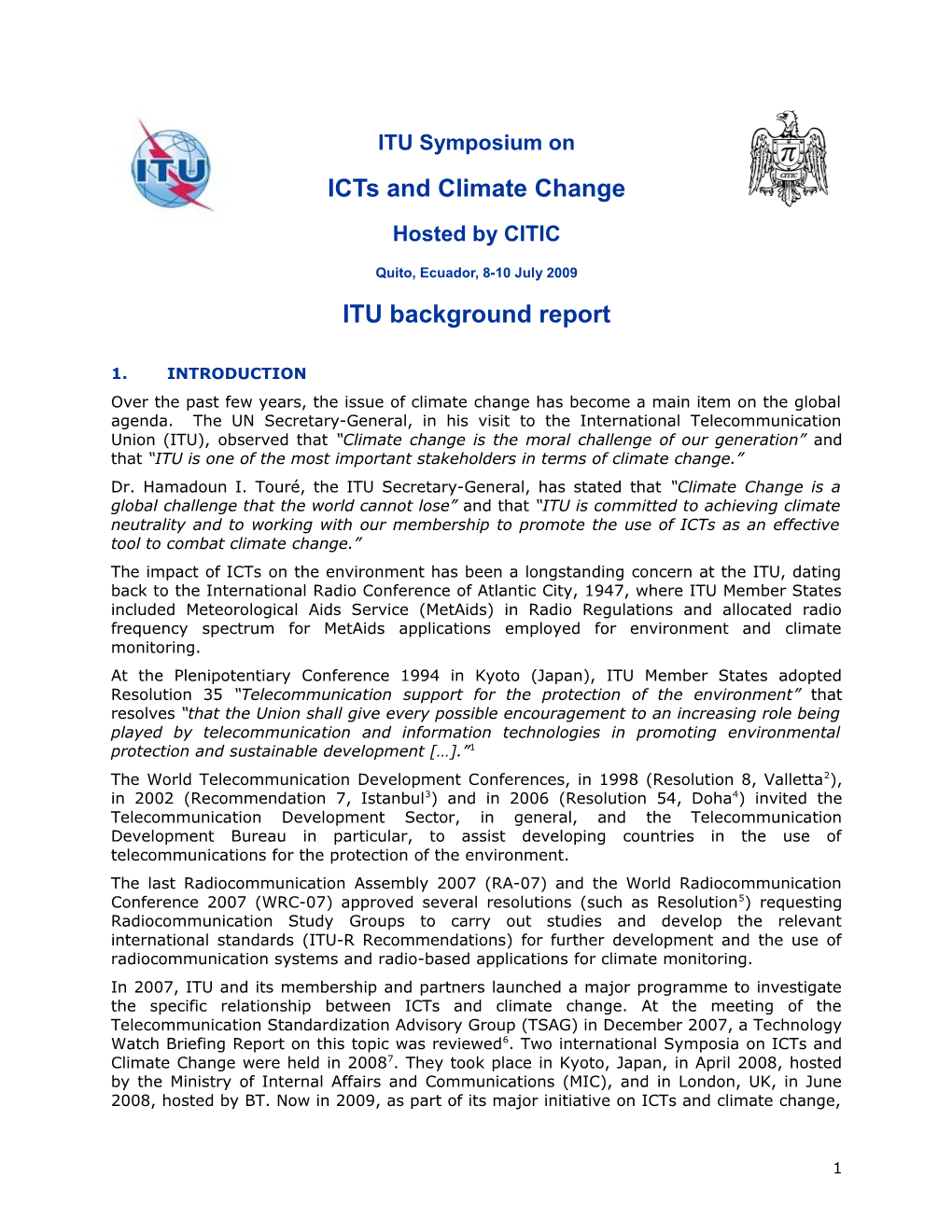 Background Report on Icts and Climate Change