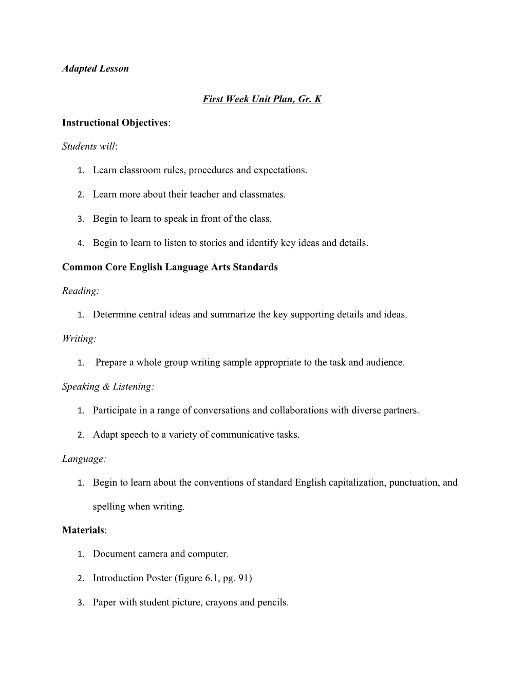 First Week Unit Plan, Gr. K