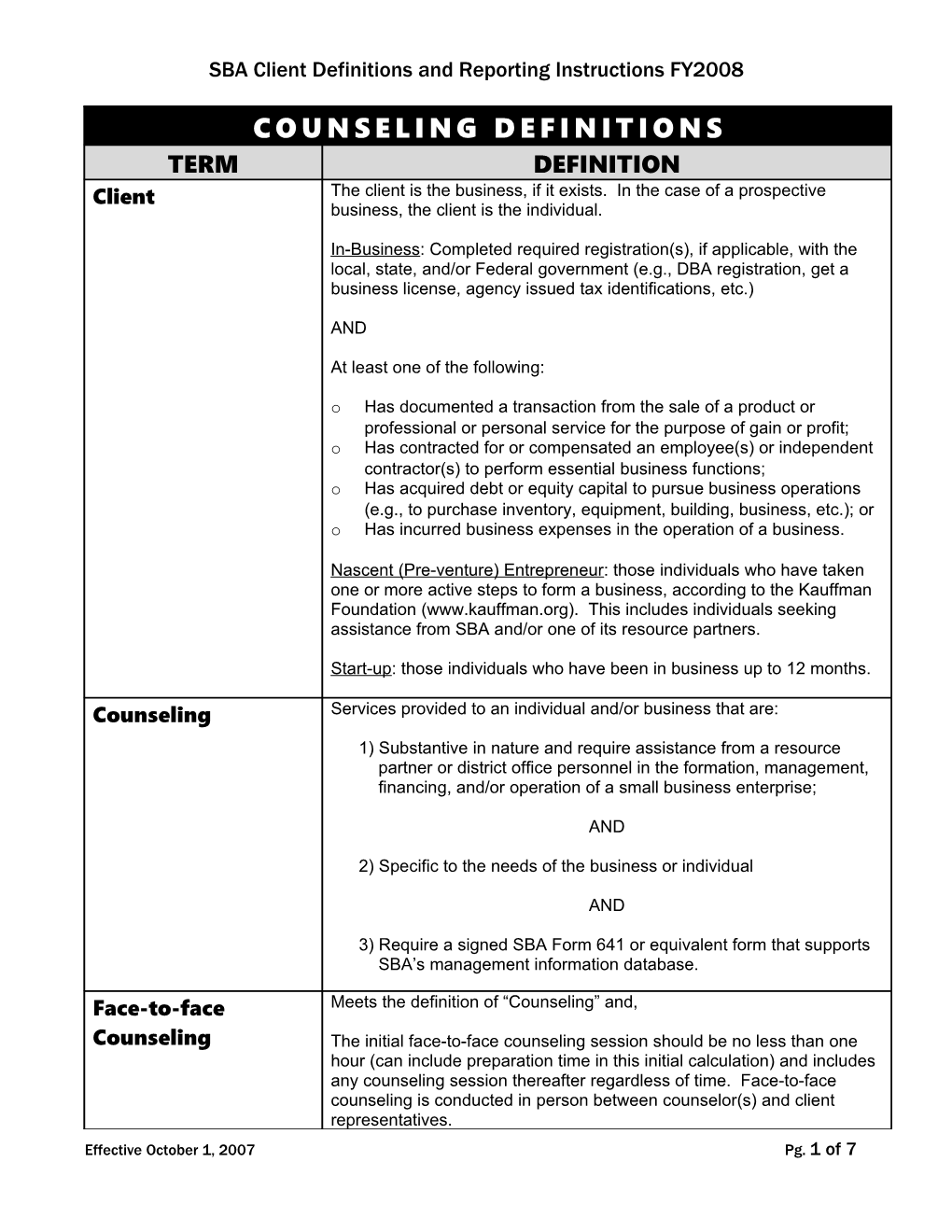 SBA Client Definitions and Reporting Instructions FY2008