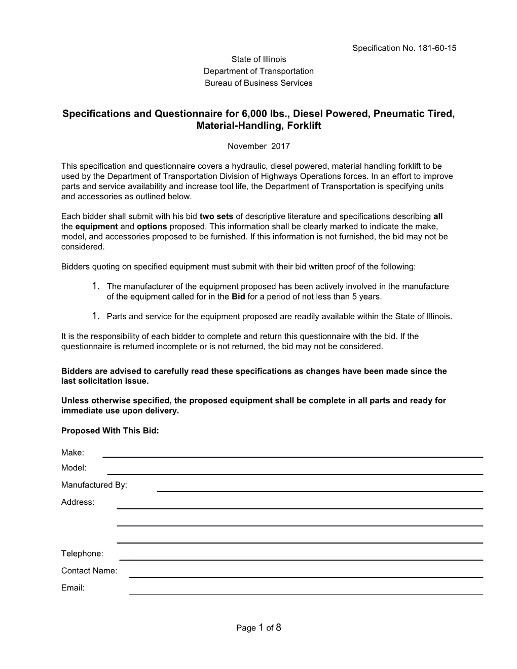 Specifications and Questionnaire for 6,000-Pound, Diesel Powered Forklift