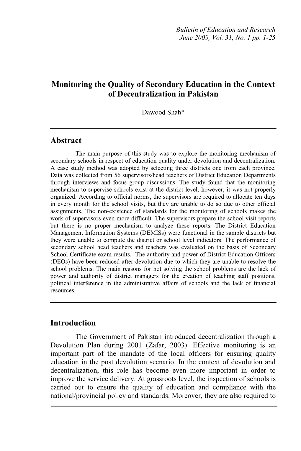 Monitoring the Quality of Secondary Education in the Context of Decentralization in Pakistan