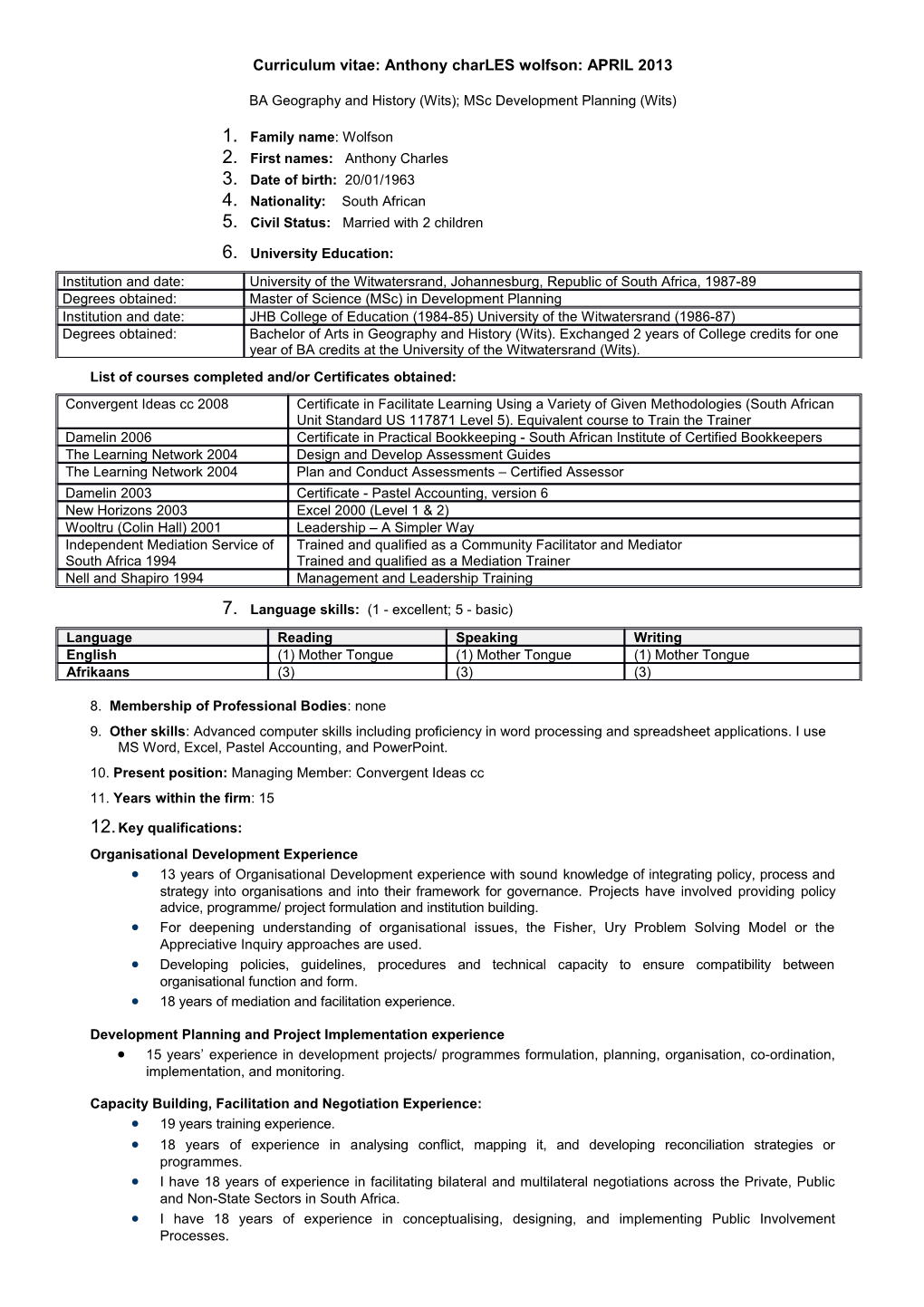 Curriculum Vitae: Anthony Charels Wolfson: 22 August 2006