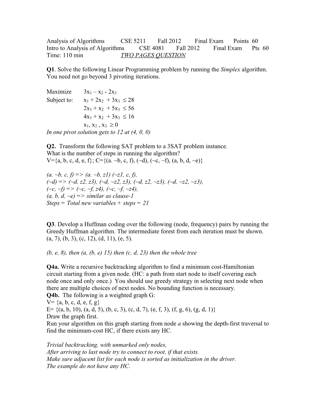 Analysis of Algorithmscse 5211Fall 2012Final Exampoints 60