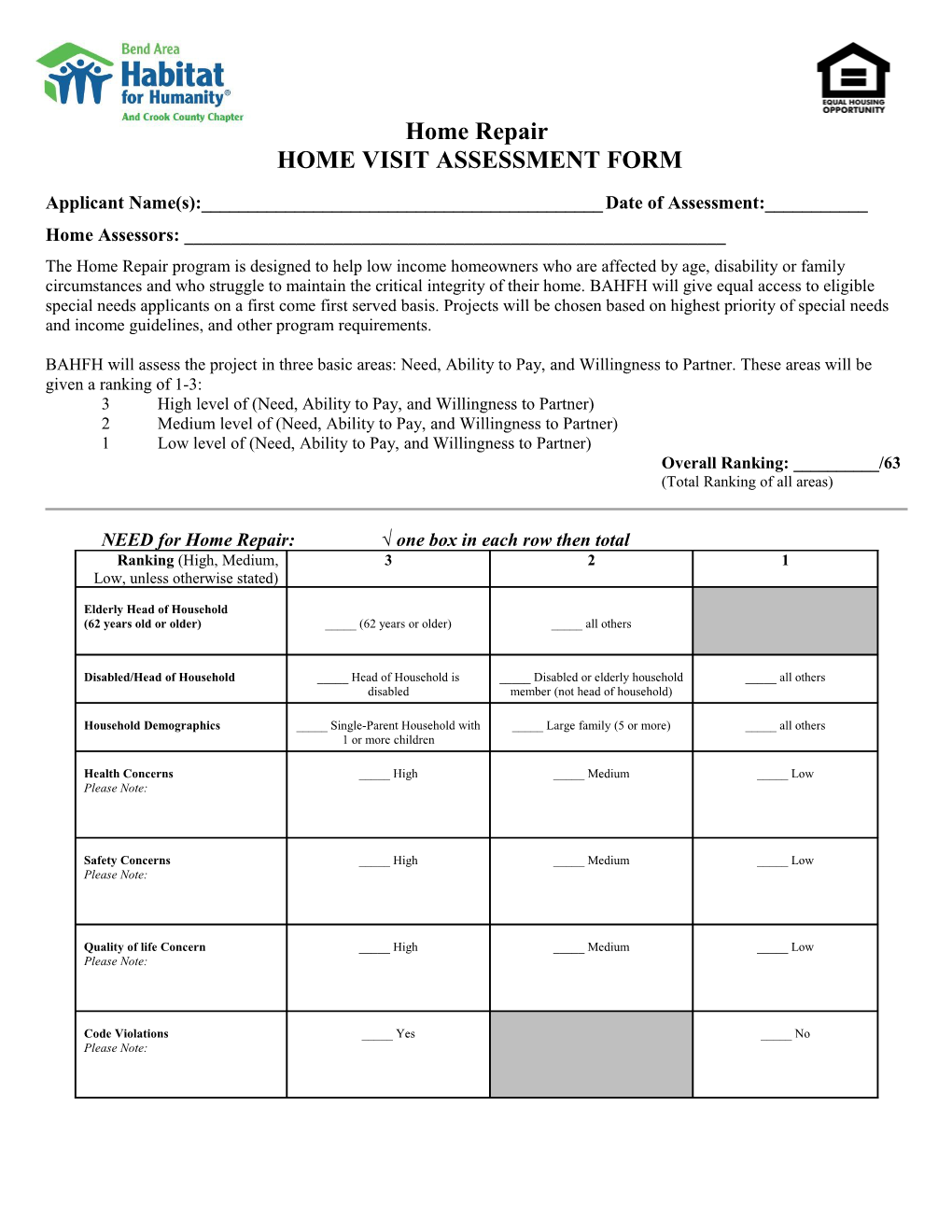 Applicant Assessment Form: for Family Selection Process