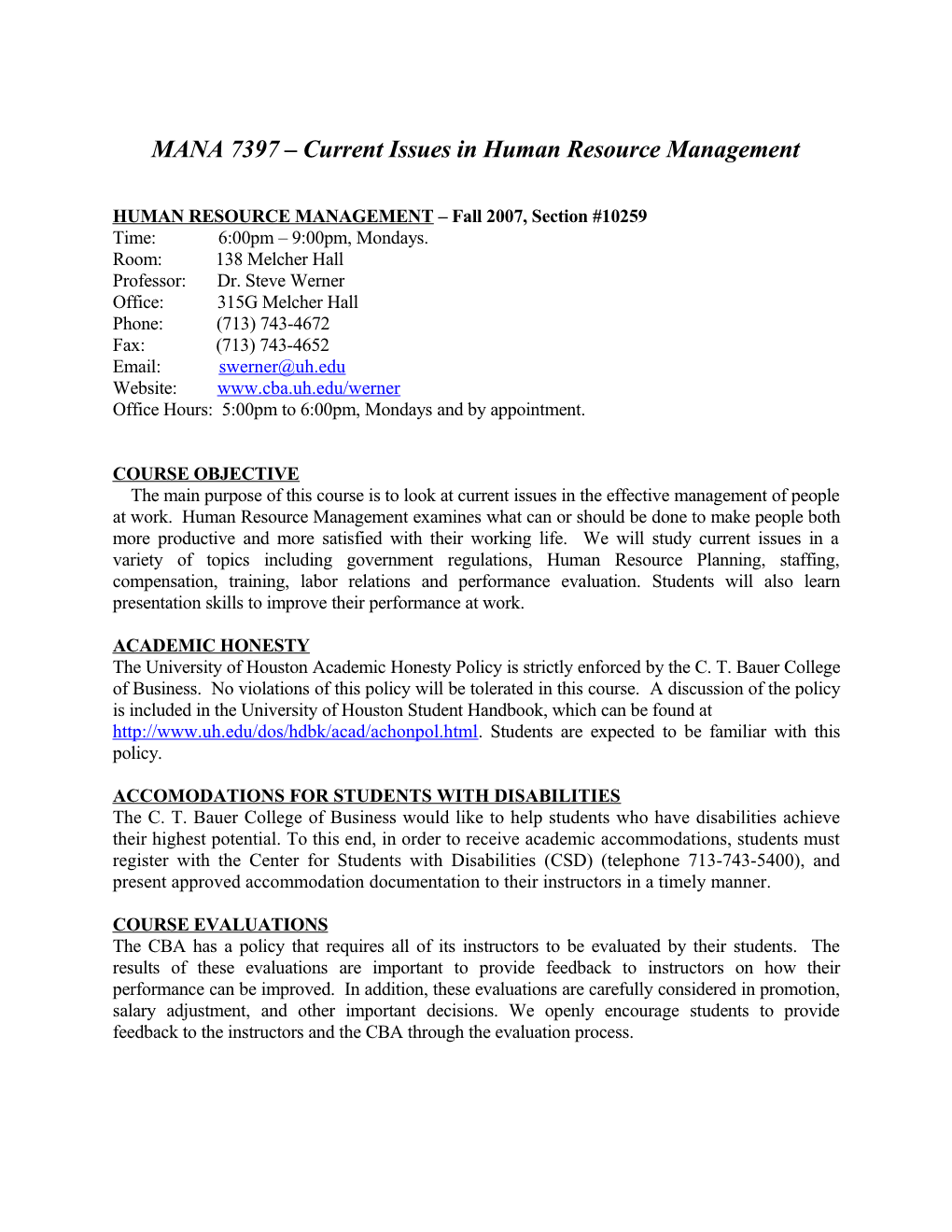 MANA 7397 Current Issues in Human Resource Management