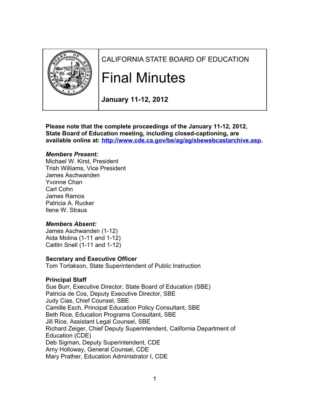 Final Minutes for January 11-12, 2012 - SBE Minutes (CA State Board of Education)