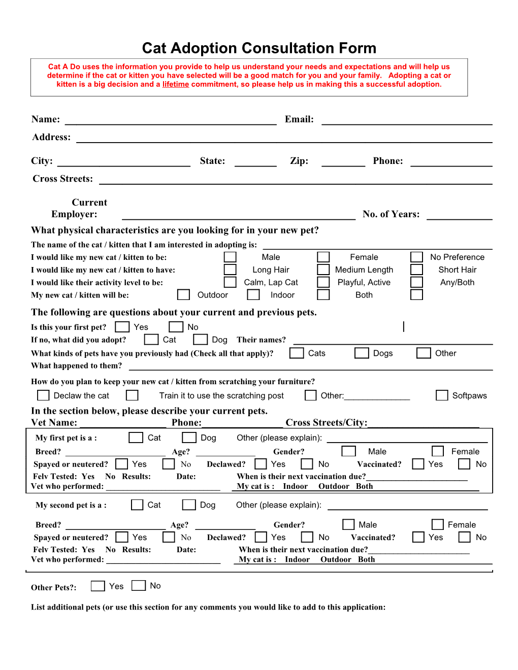 Cat Adoption Consultation Form