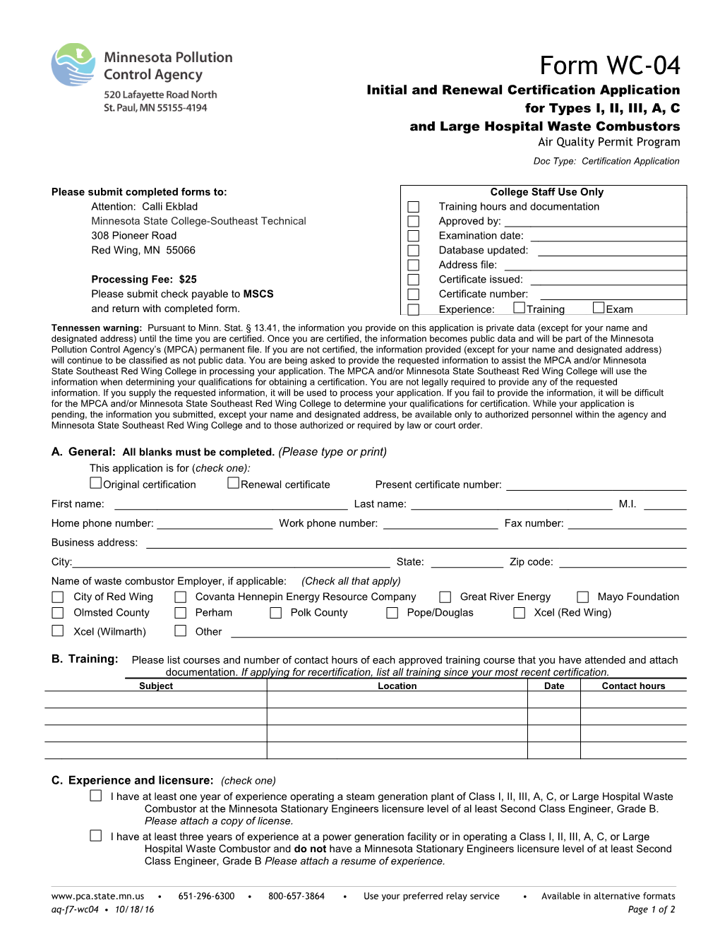 Form WC-04 Initial and Renewal Certification Application for Types I,II,III,A,C & Large