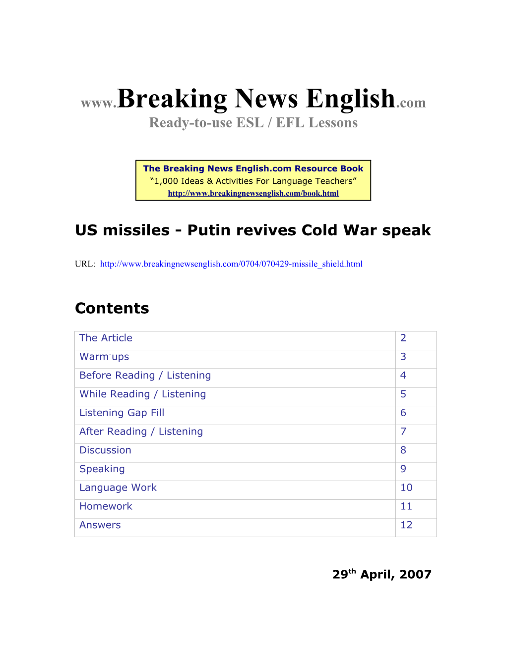 US Missiles: Putin Revives Cold War Speak