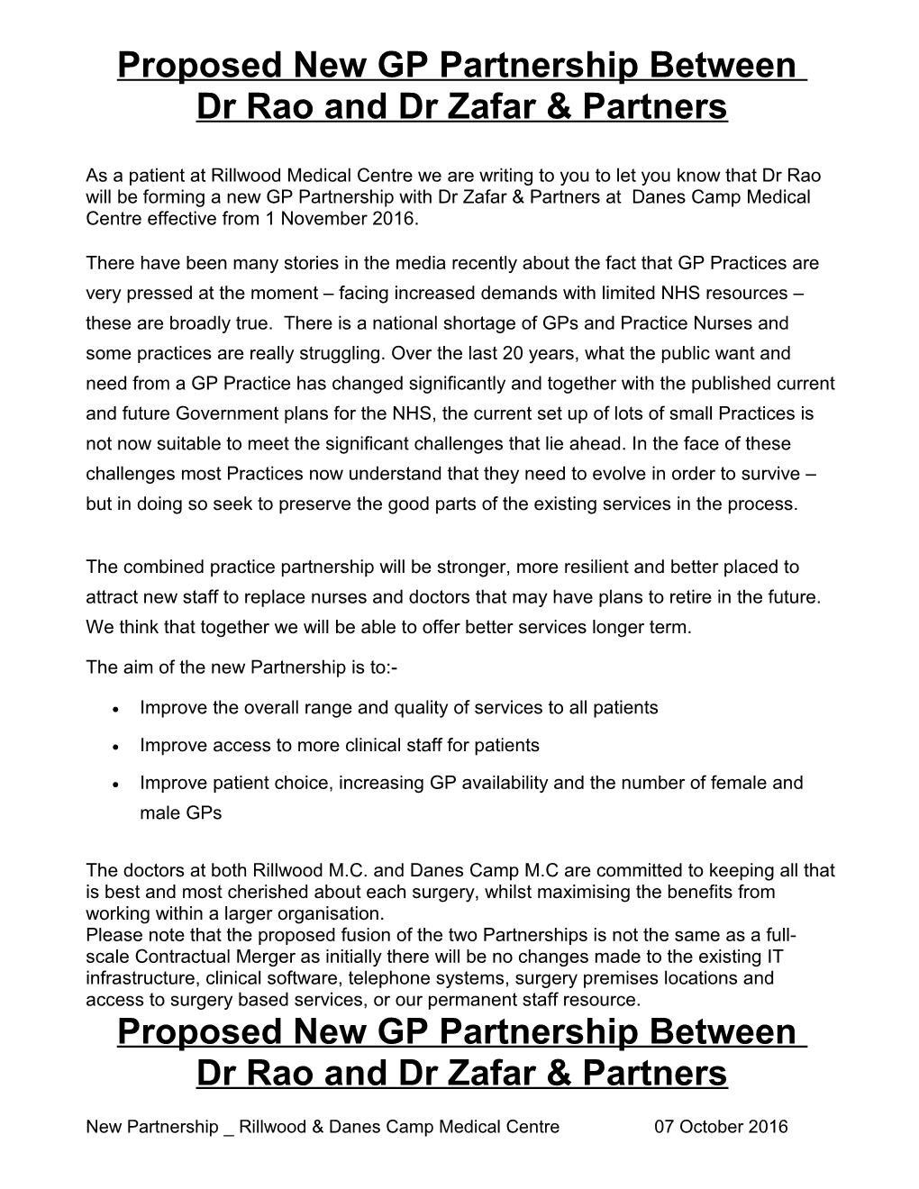 Proposed New GP Partnership Between