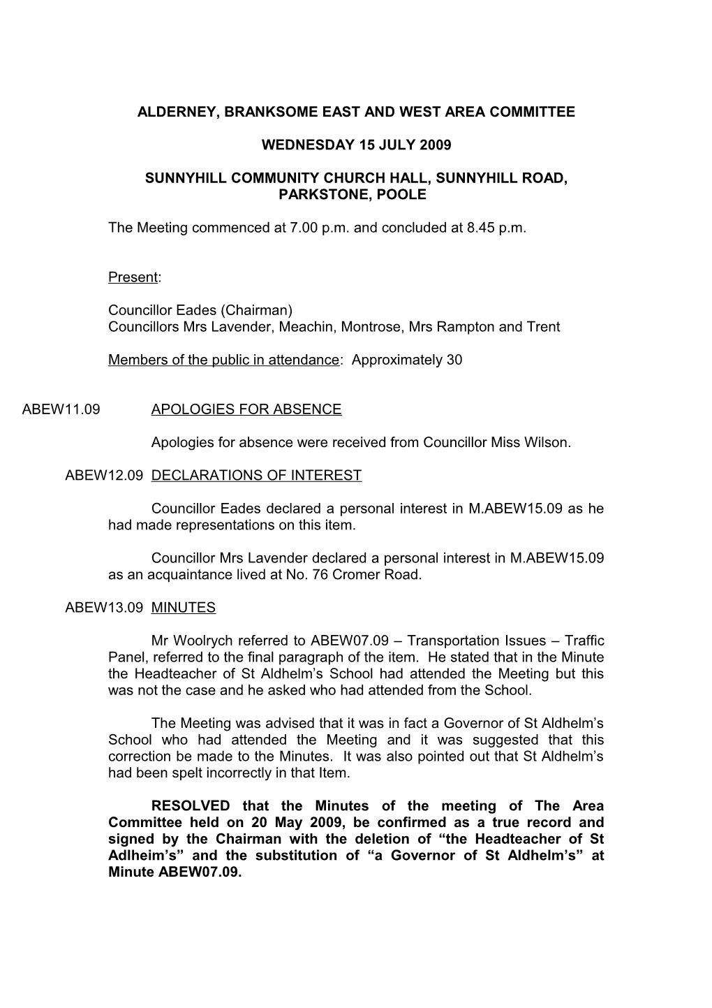 Minutes - Alderney, Branksome East and West Area Committee - 15 July 2009