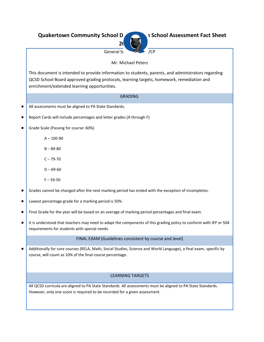 Quakertown Community School Districthigh School Assessment Fact Sheet