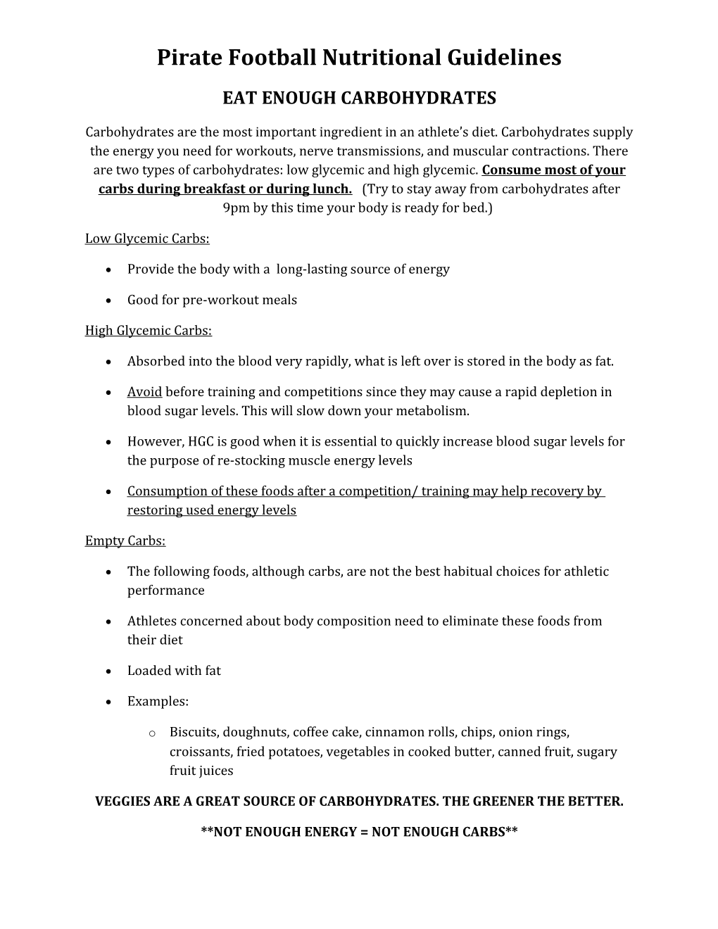 Pirate Football Nutritional Guidelines
