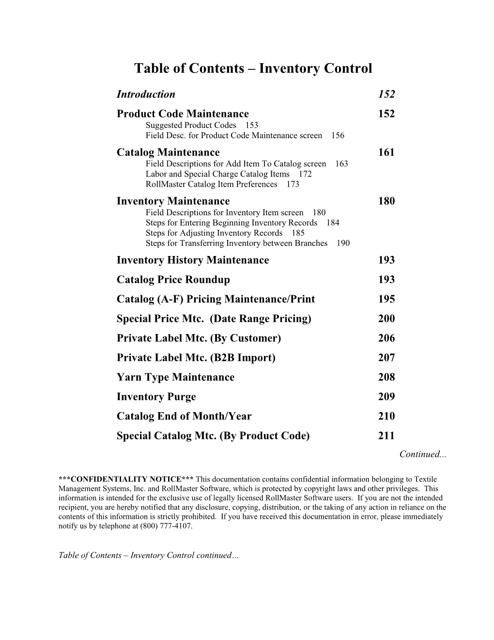 Table of Contents Inventory Control