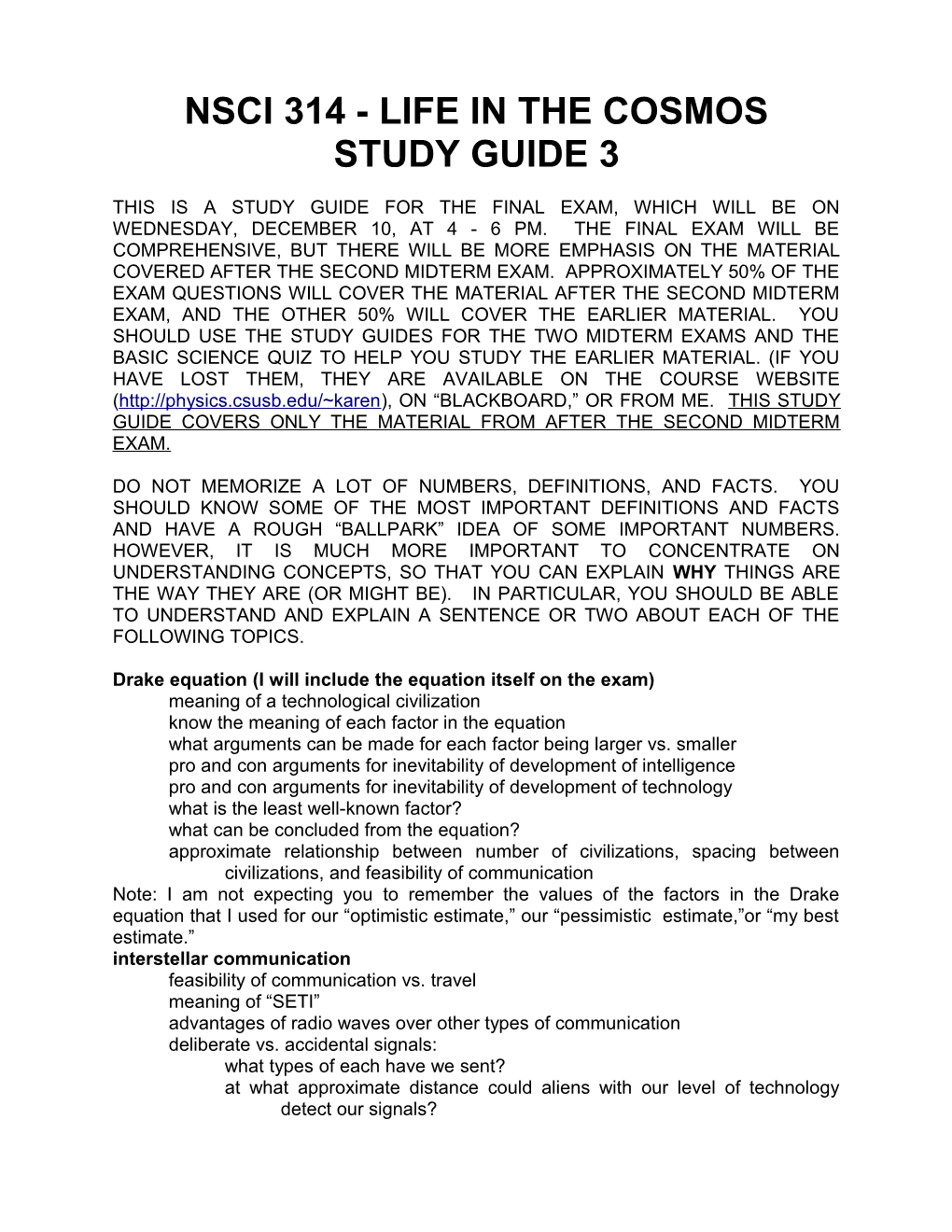 Nsci 314 - Life in the Cosmos